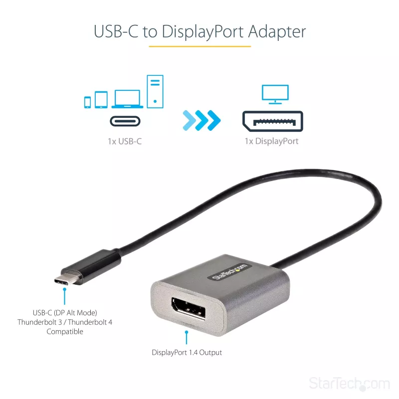 StarTech.com USB-C na DisplayPort adaptér – 8K/4K 60Hz USB-C na DisplayPort 1.4 adaptér dongle – USB Type-C na DP monitor video konvertor – kompatibilný s Thunderbolt 3 – s 30 cm dlhým, pripojeným káblom