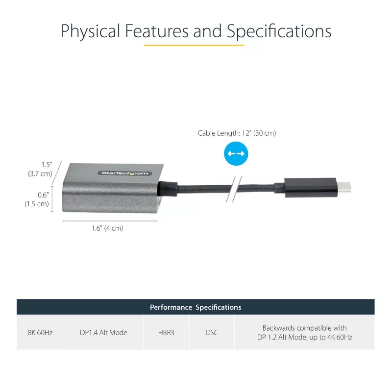 StarTech.com USB-C na DisplayPort adaptér – 8K/4K 60Hz USB-C na DisplayPort 1.4 adaptér dongle – USB Type-C na DP monitor video konvertor – kompatibilný s Thunderbolt 3 – s 30 cm dlhým, pripojeným káblom