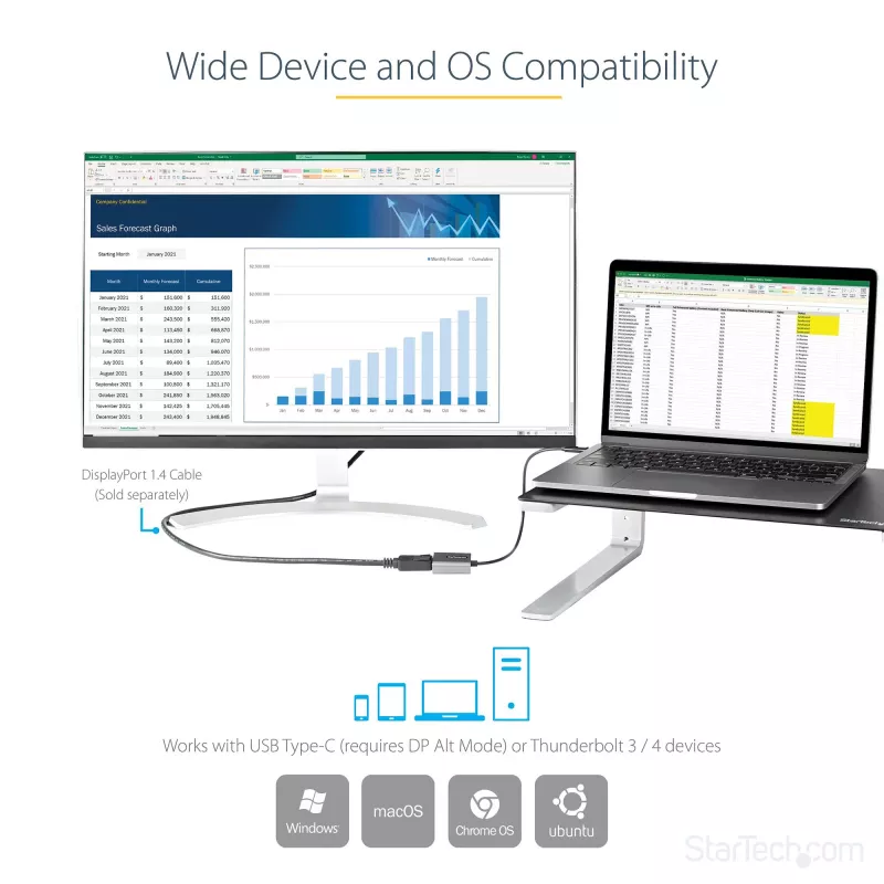 StarTech.com USB-C na DisplayPort adaptér – 8K/4K 60Hz USB-C na DisplayPort 1.4 adaptér dongle – USB Type-C na DP monitor video konvertor – kompatibilný s Thunderbolt 3 – s 30 cm dlhým, pripojeným káblom