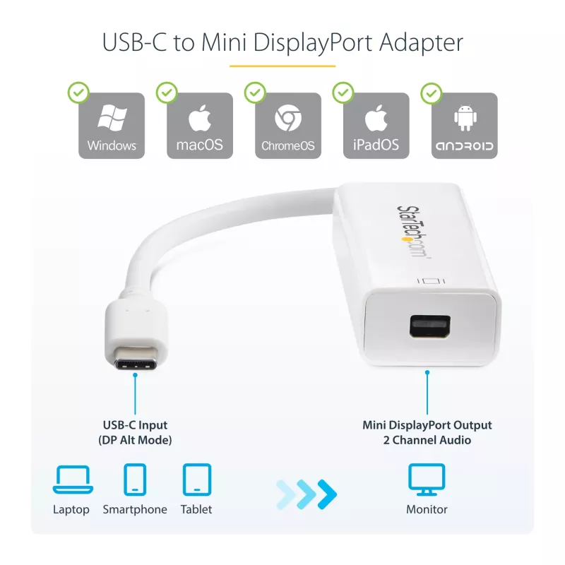 StarTech.com USB-C na Mini DisplayPort adaptér – 4K 60 Hz – biely – USB 3.1 Type-C na Mini DP adaptér – aktualizovaná verzia je CDP2MDPEC