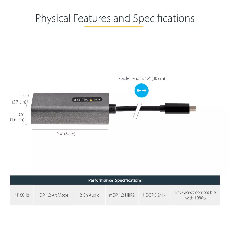StarTech.com USB-C na Mini DisplayPort adaptér – 4K 60Hz USB-C na mDP adaptér dongle – USB Type-C na Mini DP monitor – video konvertor – kompatibilný s Thunderbolt 3 – 30 cm dlhý, pripojený kábel – aktualizovaná verzia CDP2MDP