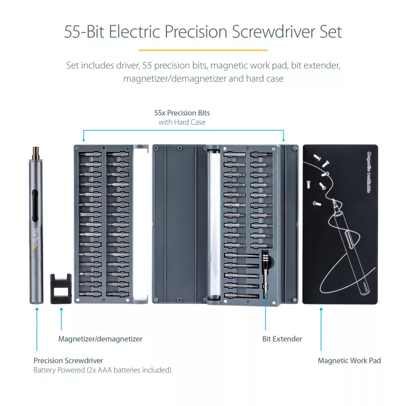 StarTech.com 55-bitová elektrická presná sada skrutkovačov – prenosná bezdrôtová batériová bitová sada skrutkovačov pre opravy elektroniky, notebookov, počítačov, tabletov a telefónov – magnetická pracovná podložka