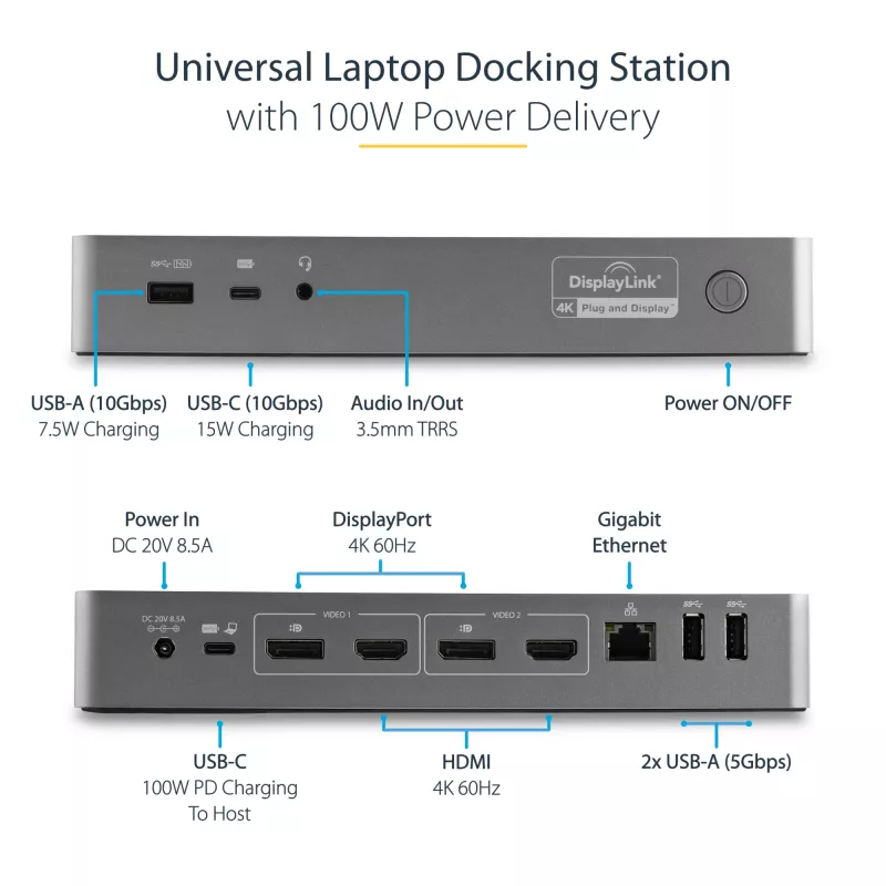 StarTech.com Univerzálna dokovacia stanica pre notebook, Hybrid USB-C & USB-A dok, Dual 4K DP & HDMI, 100W PD, Mac / Windows / Chrome OS, 4x USB 5Gbps hub, GbE