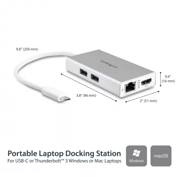 StarTech.com USB-C multiport adaptér – USB-C cestovná dokovacia stanica s 4K HDMI – 60 W Power Delivery Pass-Through, GbE, 2-portový USB-A 3.0 hub – Prenosný mini USB Type-C dok pre notebook – biela