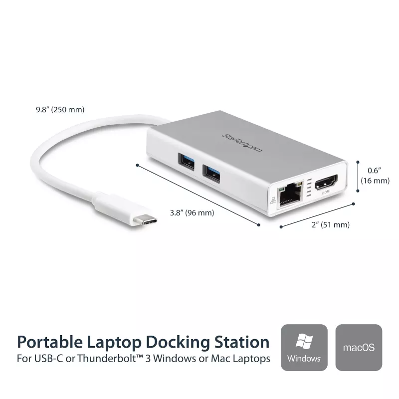 StarTech.com USB-C multiport adaptér – USB-C cestovná dokovacia stanica s 4K HDMI – 60 W Power Delivery Pass-Through, GbE, 2-portový USB-A 3.0 hub – Prenosný mini USB Type-C dok pre notebook – biela