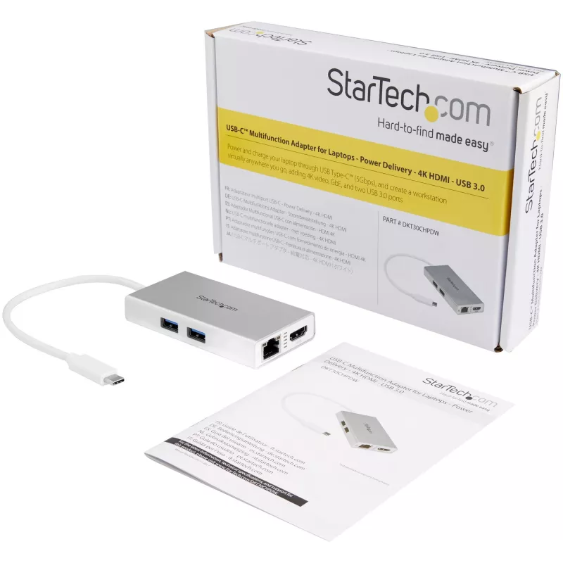 StarTech.com USB-C multiport adaptér – USB-C cestovná dokovacia stanica s 4K HDMI – 60 W Power Delivery Pass-Through, GbE, 2-portový USB-A 3.0 hub – Prenosný mini USB Type-C dok pre notebook – biela