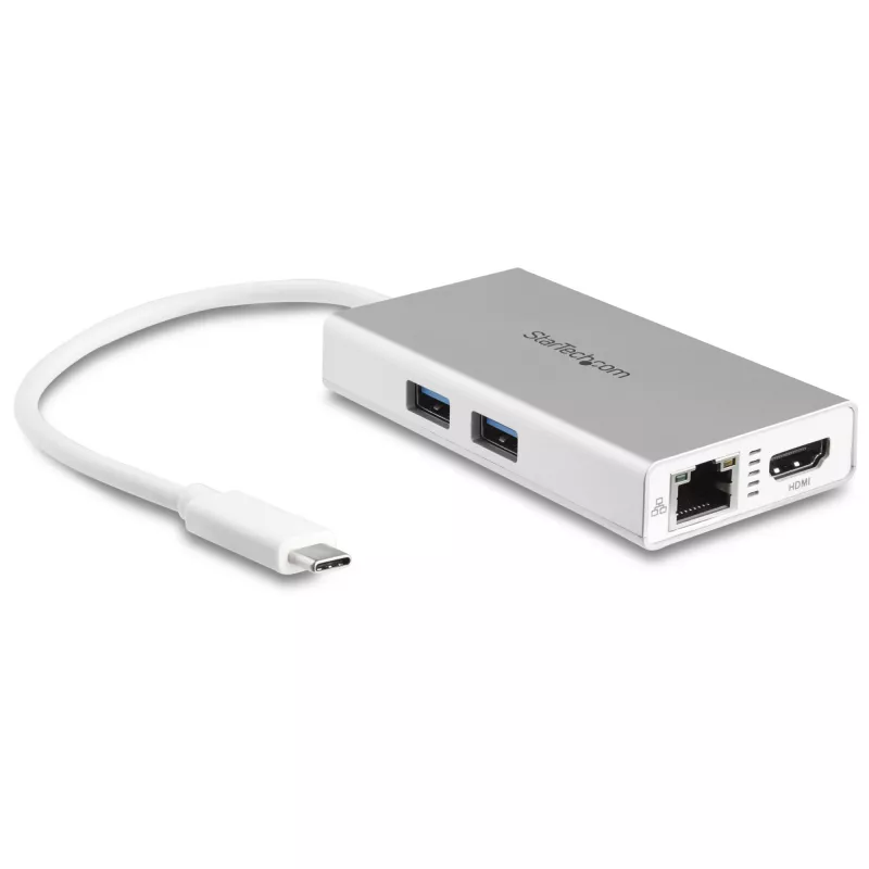 StarTech.com USB-C multiport adaptér – USB-C cestovná dokovacia stanica s 4K HDMI – 60 W Power Delivery Pass-Through, GbE, 2-portový USB-A 3.0 hub – Prenosný mini USB Type-C dok pre notebook – biela