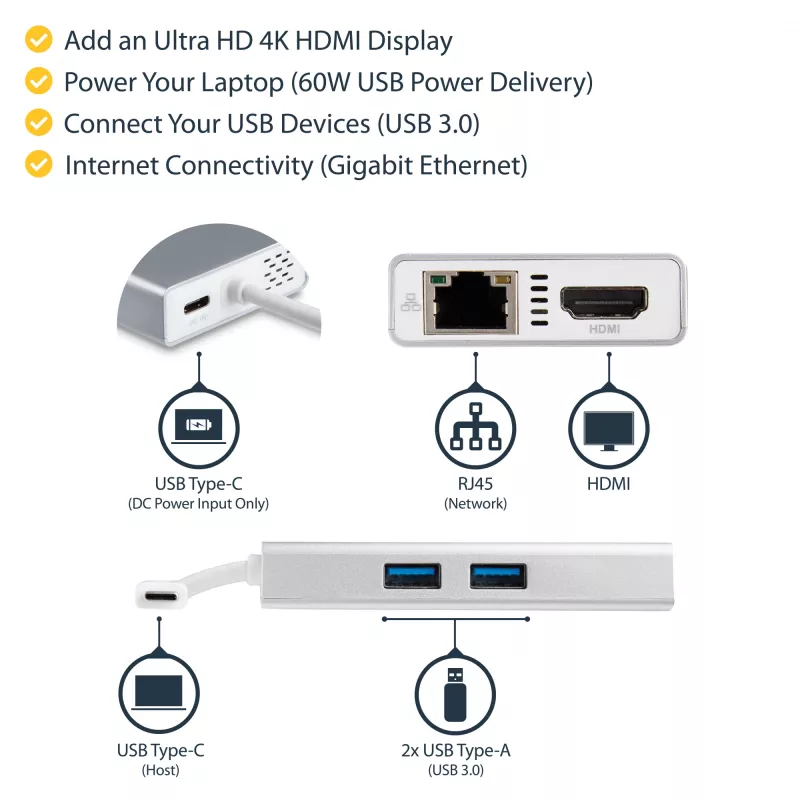 StarTech.com USB-C multiport adaptér – USB-C cestovná dokovacia stanica s 4K HDMI – 60 W Power Delivery Pass-Through, GbE, 2-portový USB-A 3.0 hub – Prenosný mini USB Type-C dok pre notebook – biela