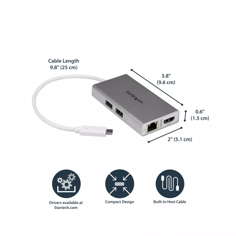 StarTech.com USB-C multiport adaptér – USB-C cestovná dokovacia stanica s 4K HDMI – 60 W Power Delivery Pass-Through, GbE, 2-portový USB-A 3.0 hub – Prenosný mini USB Type-C dok pre notebook – biela