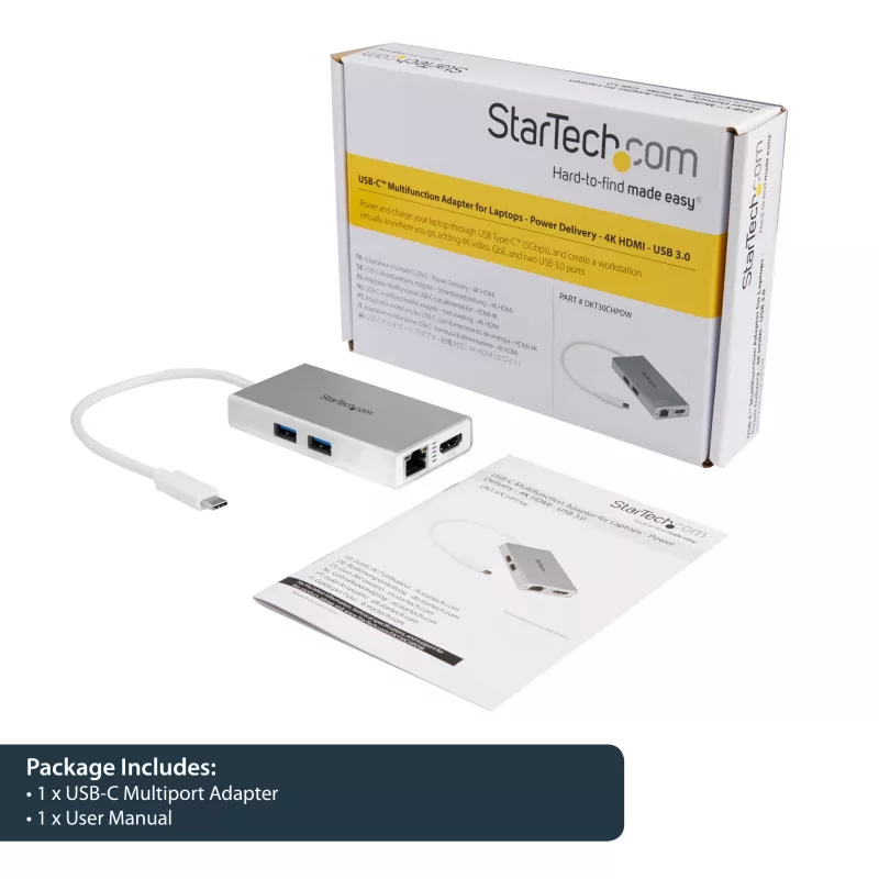 StarTech.com USB-C multiport adaptér – USB-C cestovná dokovacia stanica s 4K HDMI – 60 W Power Delivery Pass-Through, GbE, 2-portový USB-A 3.0 hub – Prenosný mini USB Type-C dok pre notebook – biela
