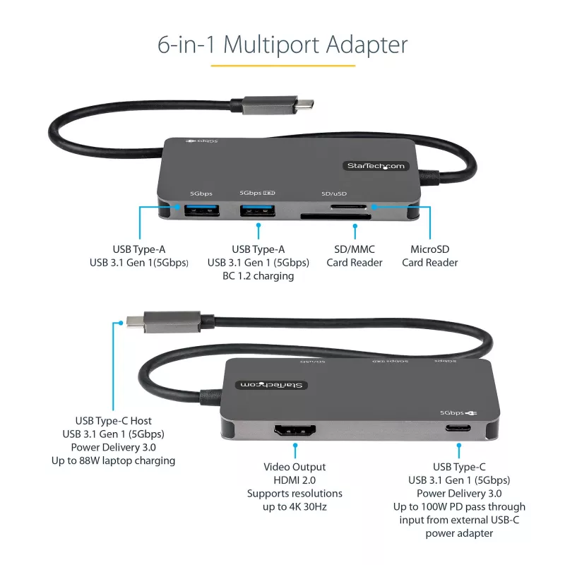 StarTech.com DKT30CHSDPD multiportový adaptér USB-C mini dok, 4K HDMI, 100 W PD, slot SD/microSD, 3-portový rozbočovač USB 3.0, pevný kábel 30 cm