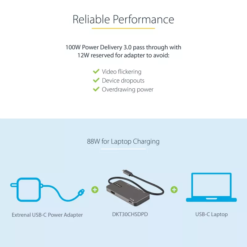 StarTech.com DKT30CHSDPD multiportový adaptér USB-C mini dok, 4K HDMI, 100 W PD, slot SD/microSD, 3-portový rozbočovač USB 3.0, pevný kábel 30 cm