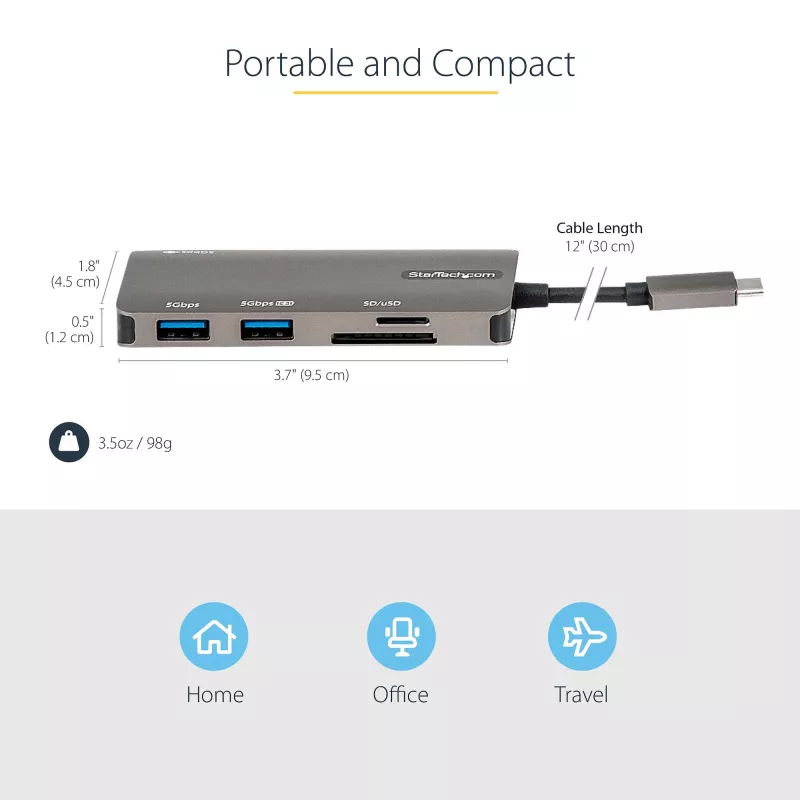 StarTech.com DKT30CHSDPD multiportový adaptér USB-C mini dok, 4K HDMI, 100 W PD, slot SD/microSD, 3-portový rozbočovač USB 3.0, pevný kábel 30 cm