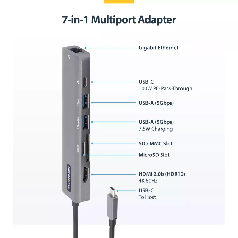 StarTech.com USB-C multiport adaptér hub, USB-C na 4K 60Hz HDMI, Gigabit Ethernet a 100W nabíjanie notebooku pre Macbook Pro / Air a Windows