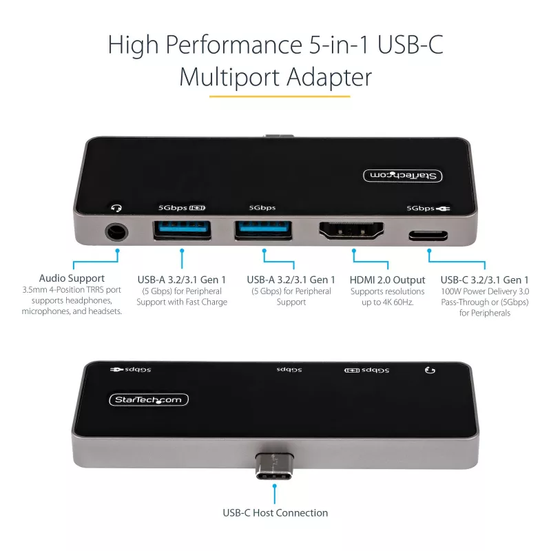 StarTech.com USB C multiport adaptér – USB-C na 4K 60Hz HDMI 2.0, 100W Power Delivery priechodné nabíjanie, 3-portový USB 3.0 hub, Audio – USB-C mini dok – Prenosný USB Type-C cestovný dok