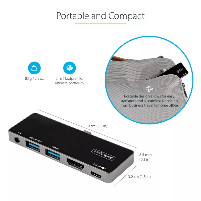 StarTech.com USB C multiport adaptér – USB-C na 4K 60Hz HDMI 2.0, 100W Power Delivery priechodné nabíjanie, 3-portový USB 3.0 hub, Audio – USB-C mini dok – Prenosný USB Type-C cestovný dok