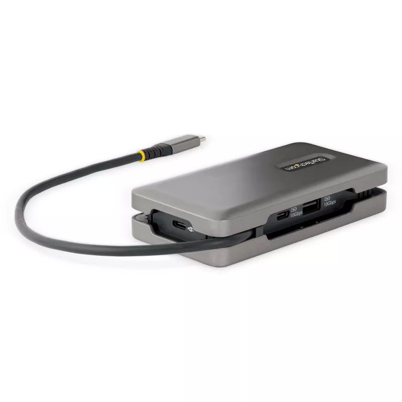 StarTech.com USB-C multiport adaptér – HDMI/VGA – 4K 60 Hz – 3-portový USB hub – 100 W Power Delivery priechod – GbE – Mini dokovacia stanica na cesty s nabíjaním – Zvinutý kábel, 30 cm