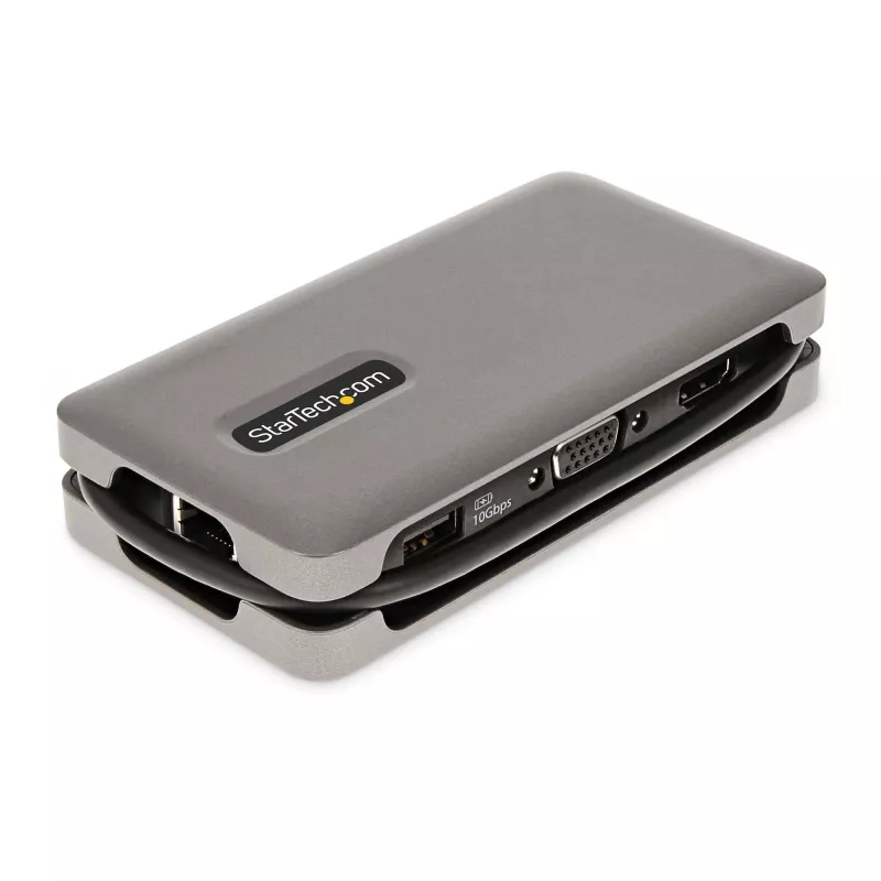 StarTech.com USB-C multiport adaptér – HDMI/VGA – 4K 60 Hz – 3-portový USB hub – 100 W Power Delivery priechod – GbE – Mini dokovacia stanica na cesty s nabíjaním – Zvinutý kábel, 30 cm