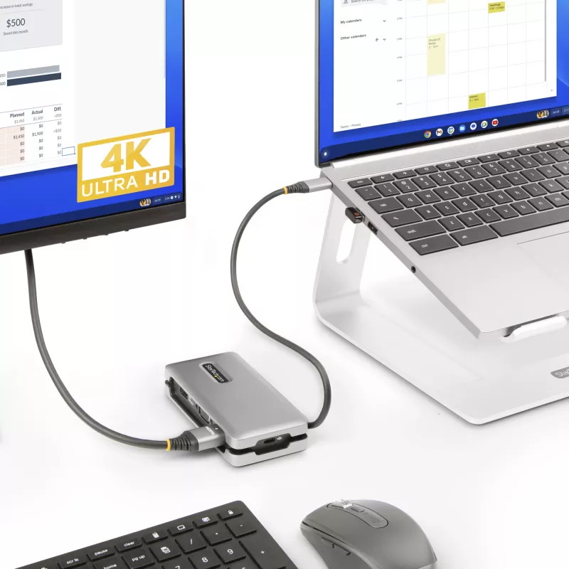 StarTech.com USB-C multiport adaptér – HDMI/VGA – 4K 60 Hz – 3-portový USB hub – 100 W Power Delivery priechod – GbE – Mini dokovacia stanica na cesty s nabíjaním – Zvinutý kábel, 30 cm