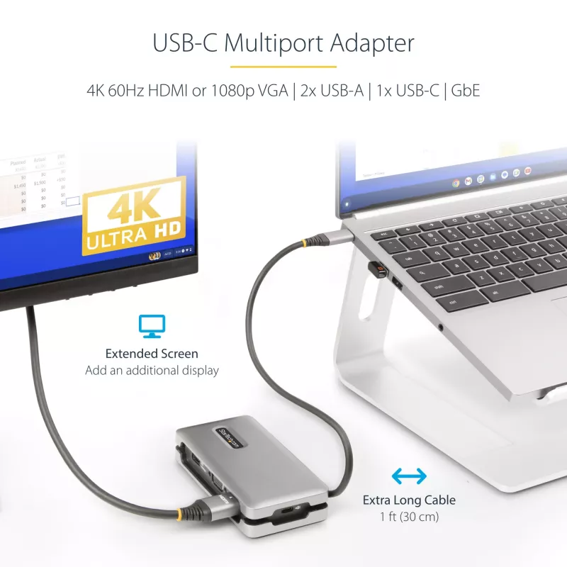 StarTech.com USB-C multiport adaptér – HDMI/VGA – 4K 60 Hz – 3-portový USB hub – 100 W Power Delivery priechod – GbE – Mini dokovacia stanica na cesty s nabíjaním – Zvinutý kábel, 30 cm