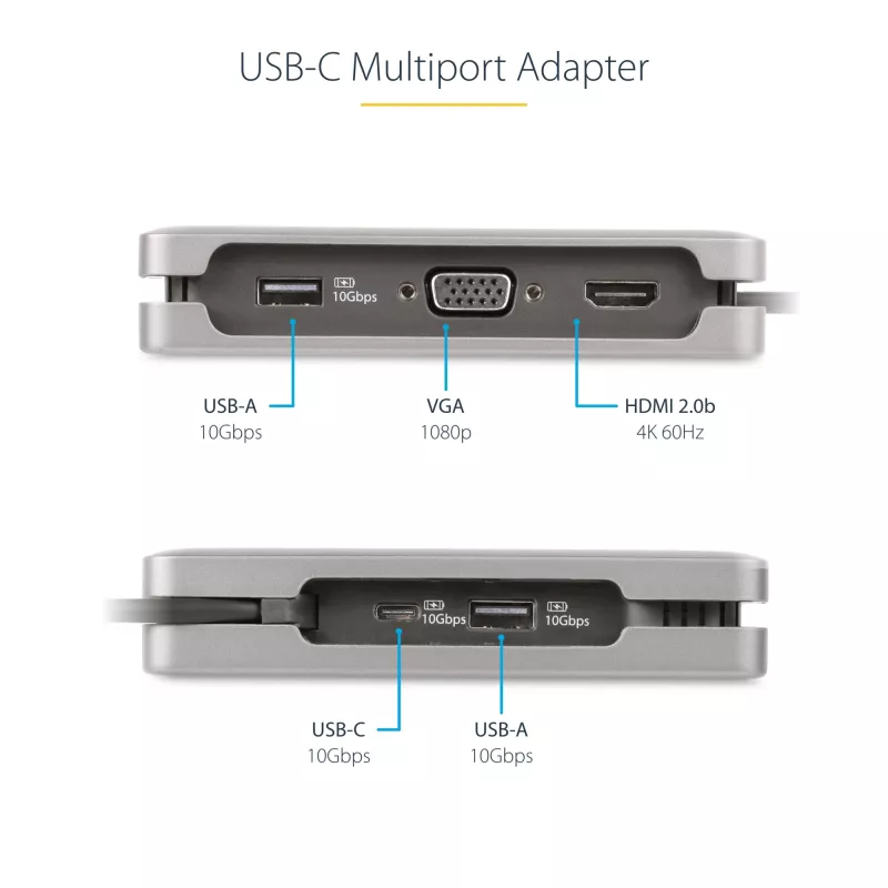 StarTech.com USB-C multiport adaptér – HDMI/VGA – 4K 60 Hz – 3-portový USB hub – 100 W Power Delivery priechod – GbE – Mini dokovacia stanica na cesty s nabíjaním – Zvinutý kábel, 30 cm
