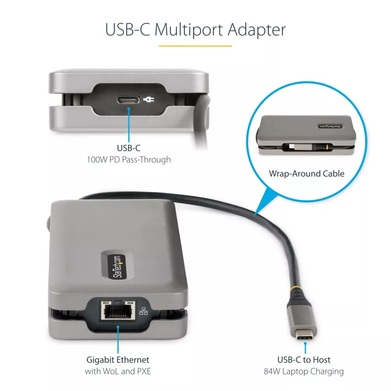 StarTech.com USB-C multiport adaptér – HDMI/VGA – 4K 60 Hz – 3-portový USB hub – 100 W Power Delivery priechod – GbE – Mini dokovacia stanica na cesty s nabíjaním – Zvinutý kábel, 30 cm