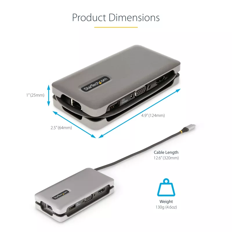 StarTech.com USB-C multiport adaptér – HDMI/VGA – 4K 60 Hz – 3-portový USB hub – 100 W Power Delivery priechod – GbE – Mini dokovacia stanica na cesty s nabíjaním – Zvinutý kábel, 30 cm