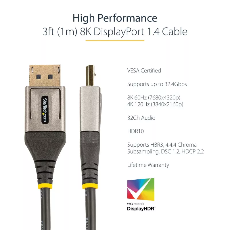 StarTech.com 0,9 m (1 m) VESA certifikovaný DisplayPort 1.4 kábel – 8K 60Hz HDR10 – Ultra HD 4K 120Hz video – DP 1.4 kábel/šnúra – Pre monitory/displeje – DisplayPort na DisplayPort kábel – M/M