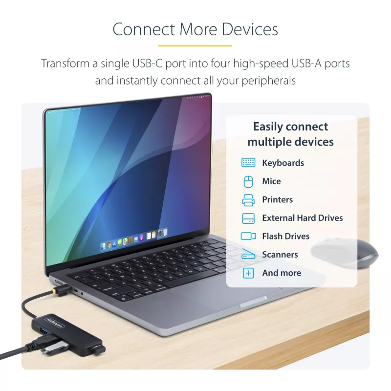 StarTech.com 4-portový USB-C hub, 5 Gbit/s, USB-C na 4x USB-A, napájaný zbernicou, malý cestovný mini hub, multi-portový USB 3.0 splitter, prenosný hub, ochrana proti prepätiu