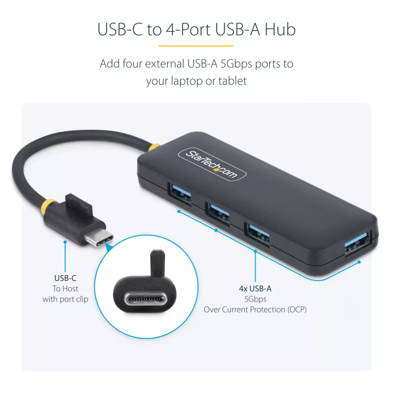 StarTech.com 4-portový USB-C hub, 5 Gbit/s, USB-C na 4x USB-A, napájaný zbernicou, malý cestovný mini hub, multi-portový USB 3.0 splitter, prenosný hub, ochrana proti prepätiu