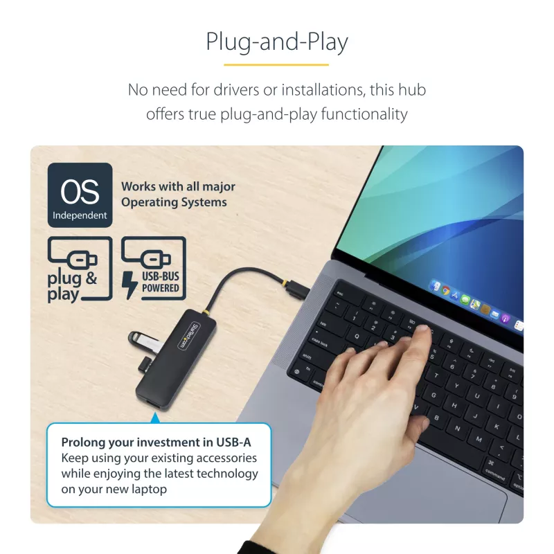 StarTech.com 4-portový USB-C hub, 5 Gbit/s, USB-C na 4x USB-A, napájaný zbernicou, malý cestovný mini hub, multi-portový USB 3.0 splitter, prenosný hub, ochrana proti prepätiu