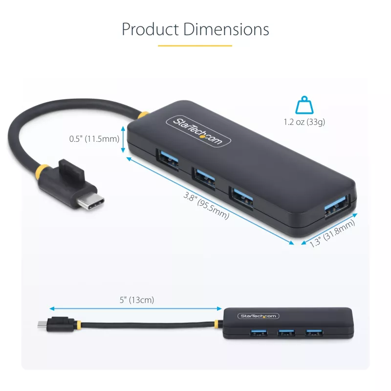 StarTech.com 4-portový USB-C hub, 5 Gbit/s, USB-C na 4x USB-A, napájaný zbernicou, malý cestovný mini hub, multi-portový USB 3.0 splitter, prenosný hub, ochrana proti prepätiu