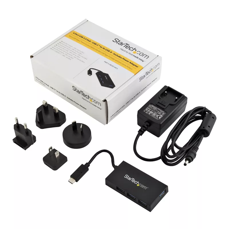 StarTech.com 4-portový USB-C hub - USB Type-C hub so 4x portmi USB-A (USB 3.0/3.1 Gen 1 SuperSpeed 5 Gbit/s) - napájanie zo zbernice USB alebo samostatné napájanie - prenosný nabíjací hub USB-C na USB-A BC 1.2 so sieťovým adaptérom~4-portový USB-C hub - USB Type-C hub so 4x portmi USB-A USB 3.0 hub (5 Gbit/s) - napájanie zo zbernice USB alebo samostatné napájanie - prenosný nabíjací hub USB-C na