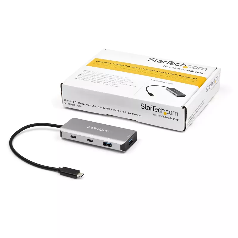 StarTech.com 4-portový USB C hub s 2x USB A a 2x USB C – SuperSpeed 10 Gbit/s USB Type-C 3.1/3.2 Gen 2 hub – napájaný zbernicou – prenosný USB-C na USB adaptér hub – hliník – 25 cm (9,8