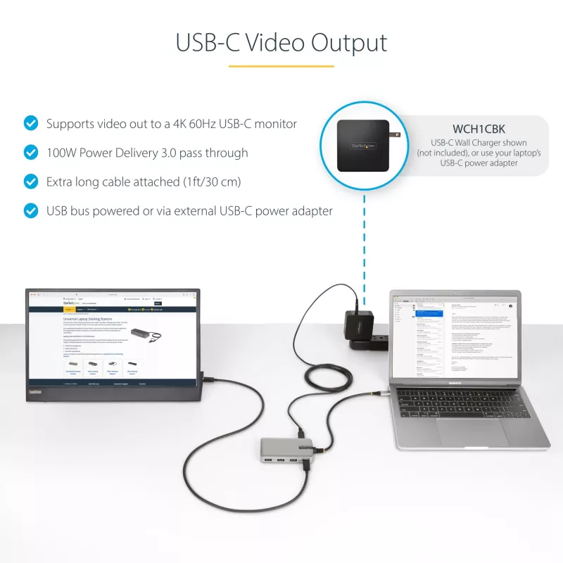 StarTech.com 4-portový USB-C hub s USB-C DP Alt Mode video výstupom 4K 60Hz - 3x USB-A, 1x USB Type-C, 100W Power Delivery priechod, USB 3.2 10Gbps, 30cm kábel, prenosný USB hub