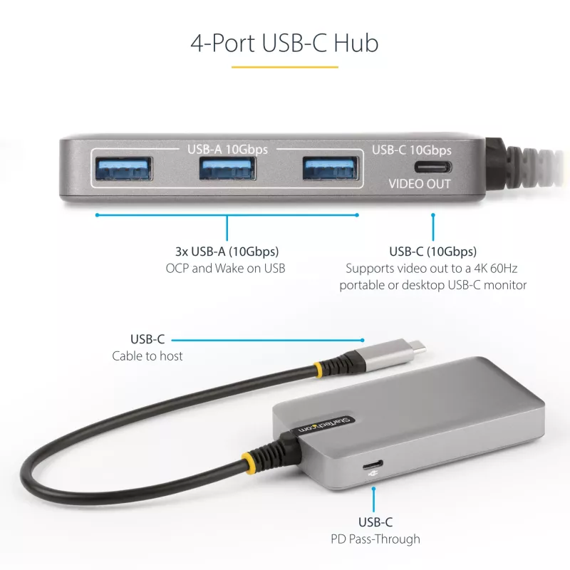 StarTech.com 4-portový USB-C hub s USB-C DP Alt Mode video výstupom 4K 60Hz - 3x USB-A, 1x USB Type-C, 100W Power Delivery priechod, USB 3.2 10Gbps, 30cm kábel, prenosný USB hub