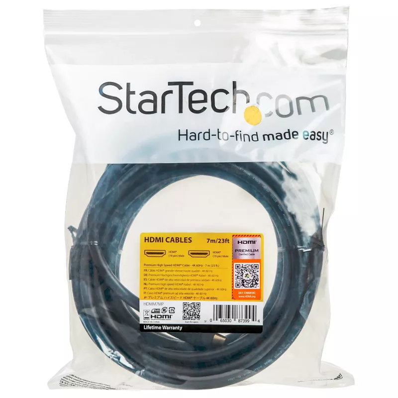 StarTech.com 7 m Premium certifikovaný HDMI 2.0 kábel s Ethernetom – High Speed Ultra HD 4K 60 Hz HDMI kábel HDR10 – dlhý HDMI kábel (samec/samec) – pre UHD monitory, TV, displeje
