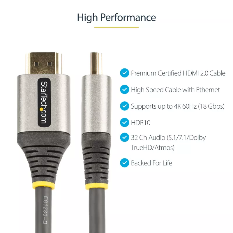 StarTech.com 5 m Premium certifikovaný HDMI 2.0 kábel – High Speed Ultra HD 4K 60 Hz HDMI kábel s Ethernetom – HDR10, ARC – UHD HDMI video kábel – pre UHD monitory, televízory, displeje – M/M
