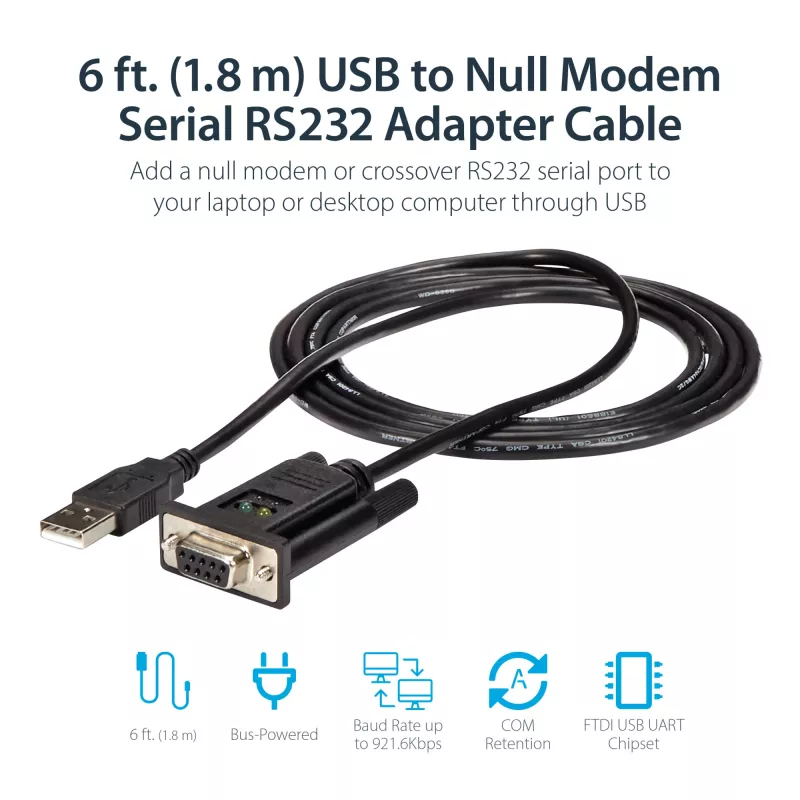StarTech.com ICUSB232FTN 1-portový adaptérový kábel z USB na sériový null modem RS232 DB9 DCE, FTDI, USB 2.0, čierny