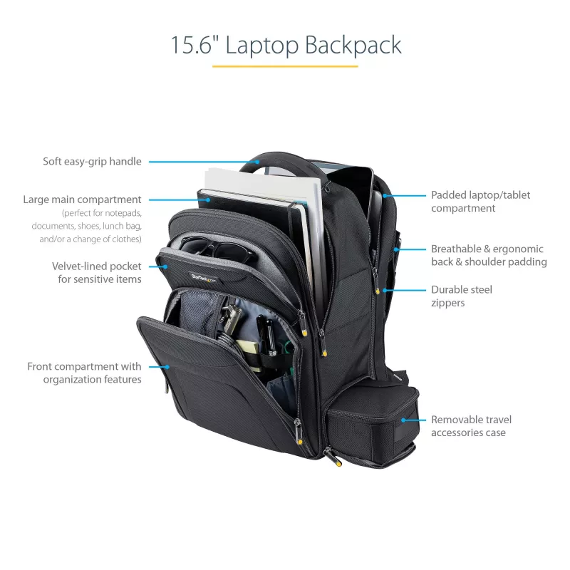 StarTech.com 15,6 palcový batoh na notebook s vyberateľným organizérom príslušenstva - profesionálny IT-tech batoh na prácu/cesty/dochádzanie - ergonomická taška na počítač - odolný balistický nylon - priehradky na notebook/tablet