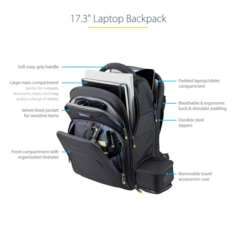 StarTech.com 17,3-palcový batoh na notebook s vyberateľným organizérom príslušenstva - profesionálny IT-tech batoh na prácu/cesty/dochádzanie - ergonomická taška na počítač - odolný balistický nylon - priehradky na notebook/tablet