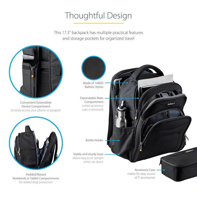 StarTech.com 17,3-palcový batoh na notebook s vyberateľným organizérom príslušenstva - profesionálny IT-tech batoh na prácu/cesty/dochádzanie - ergonomická taška na počítač - odolný balistický nylon - priehradky na notebook/tablet