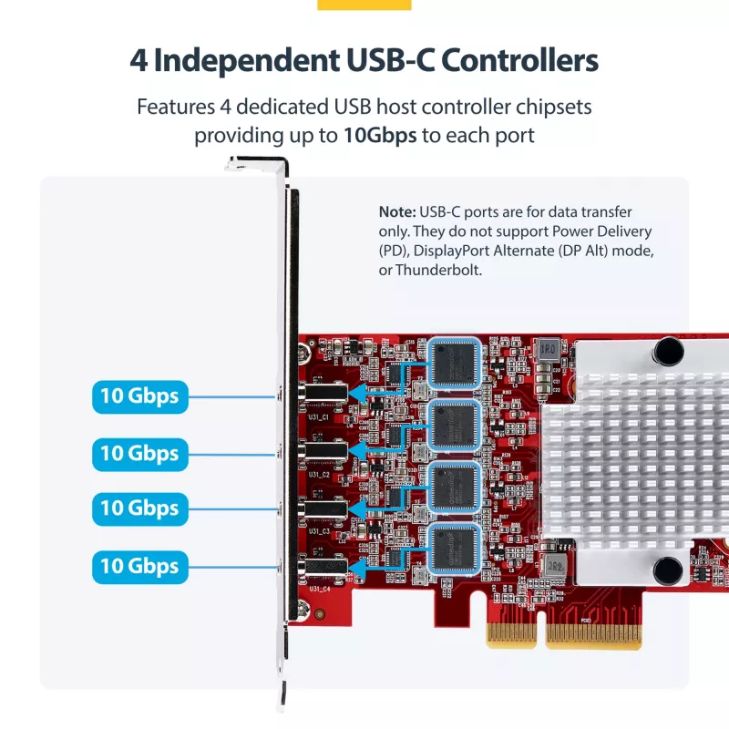 StarTech.com 4-portová USB Type-C PCIe karta, USB 3.2 10Gbps, USB-C PCI Express rozširujúca karta, 4x nezávislý USB radič, Windows/Linux/macOS, TAA-kompatibilná