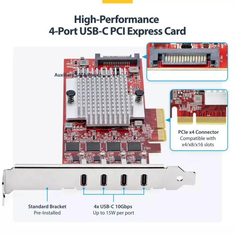 StarTech.com 4-portová USB Type-C PCIe karta, USB 3.2 10Gbps, USB-C PCI Express rozširujúca karta, 4x nezávislý USB radič, Windows/Linux/macOS, TAA-kompatibilná