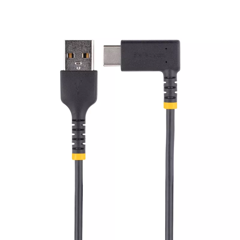 StarTech.com 1,8 m USB-A na USB-C nabíjací kábel so zahnutým konektorom – odolný rýchlonabíjací USB-C kábel – čierny, USB 2.0 A na typ C – odolný aramidovými vláknami – 3A – USB nabíjací kábel