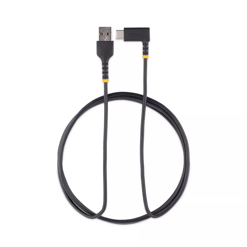 StarTech.com 1,8 m USB-A na USB-C nabíjací kábel so zahnutým konektorom – odolný rýchlonabíjací USB-C kábel – čierny, USB 2.0 A na typ C – odolný aramidovými vláknami – 3A – USB nabíjací kábel