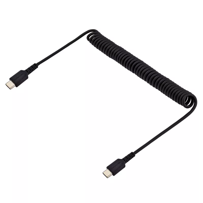 StarTech.com 1m USB-C nabíjací kábel, špirálový kábel, Heavy Duty, rýchle nabíjanie & synchronizácia, USB-2.0-Type-C kábel, odolný aramidovými vláknami, dlhotrvajúci samec-samec USB kábel, čierny