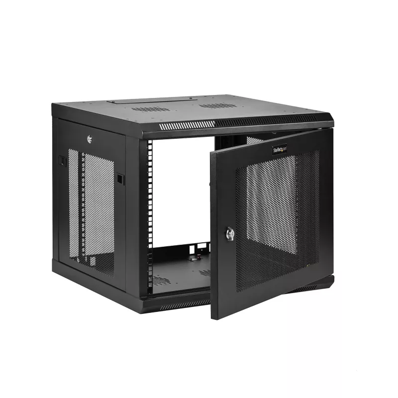 StarTech.com 4-stĺpikový 9U nástenný sieťový rozvádzač s 1U policou, 19 palcový nástenný serverový rack pre dátové/AV/elektronické/počítačové zariadenia, malá vetraná racková skriňa