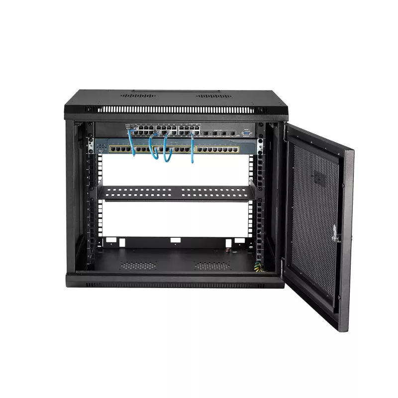 StarTech.com 4-stĺpikový 9U nástenný sieťový rozvádzač s 1U policou, 19 palcový nástenný serverový rack pre dátové/AV/elektronické/počítačové zariadenia, malá vetraná racková skriňa