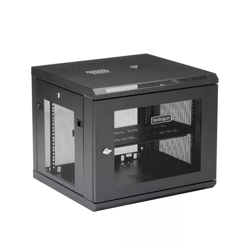 StarTech.com 4-stĺpikový 9U nástenný sieťový rozvádzač s 1U policou, 19 palcový nástenný serverový rack pre dátové/AV/elektronické/počítačové zariadenia, malá vetraná racková skriňa